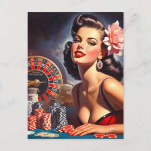 Cartão Postal Ilustração Pin-Up do Casino Vintage