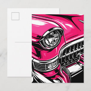 Cartão Postal Ilustração Pop Art de Carro Clássico Rosa Retro da