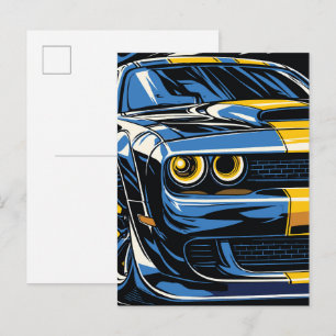 Cartão Postal Ilustração Pop Art de Carro Musculoso Azul Retrô n