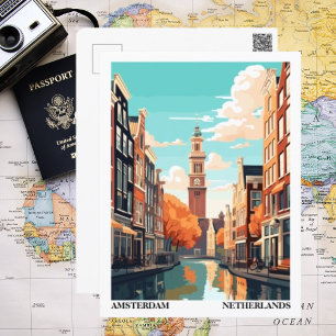 Cartão Postal Ilustração Retro de Viagem de Amsterdã