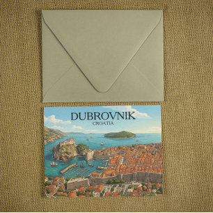 Cartão Postal Ilustração Retro Dubrovnik Costa Adriática Viagem
