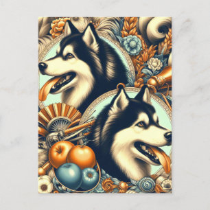 Cartão Postal Ilustração Retro Siberian Husky