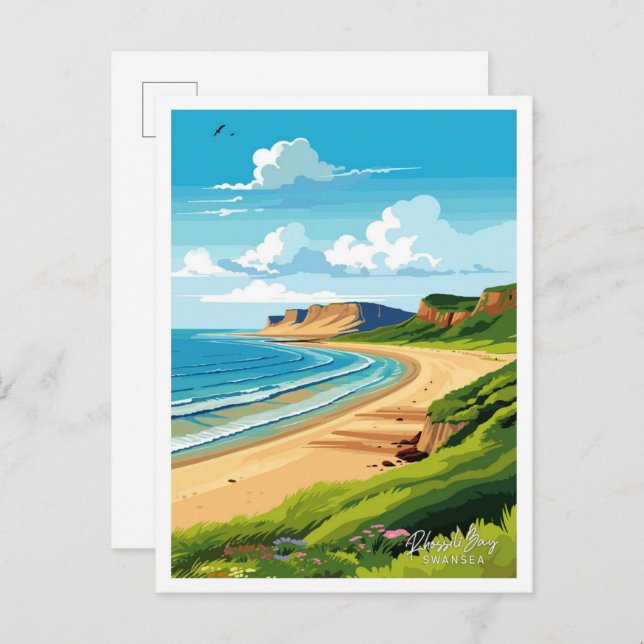Cartão Postal Ilustração Rhossili Bay Swansea Viagem Vintage (Frente/Verso)