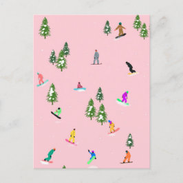 Cartão Postal Ilustração rosa de Snowboarders
