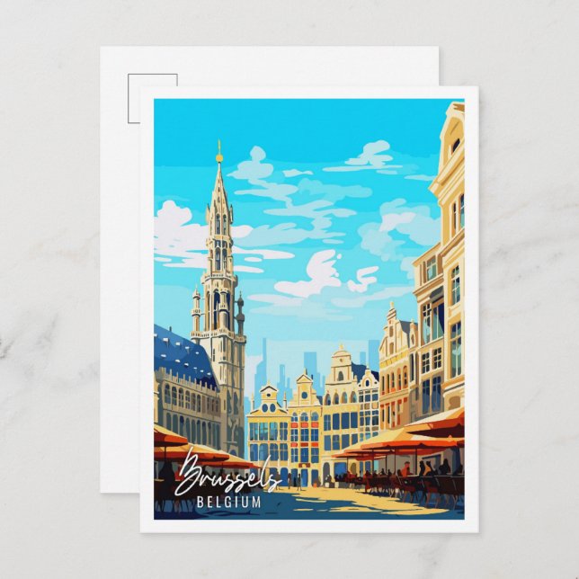 Cartão Postal Ilustração viagens vintage Bruxelas Bélgica (Frente/Verso)