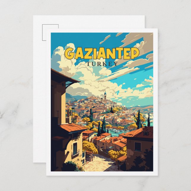 Cartão Postal Ilustração viagens vintage da Gaziantep Turkey (Frente/Verso)