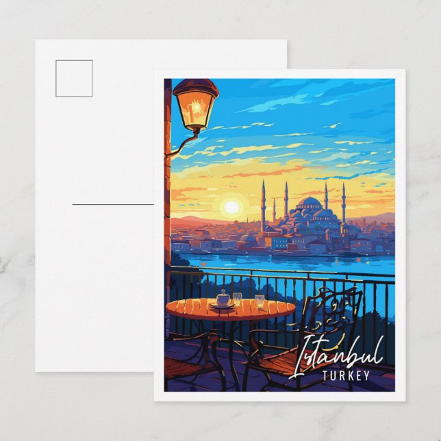 Cartão Postal Ilustração viagens vintage de Istambul Turquia (Frente/Verso)
