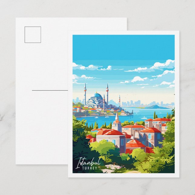 Cartão Postal Ilustração viagens vintage de Istambul Turquia (Frente/Verso)
