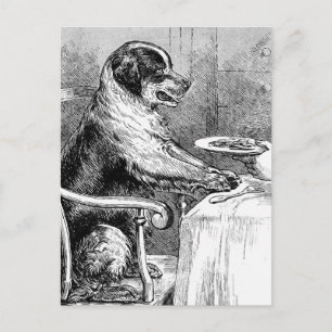 Cartão Postal Ilustração Vintage de Cachorro na Hora do Jantar
