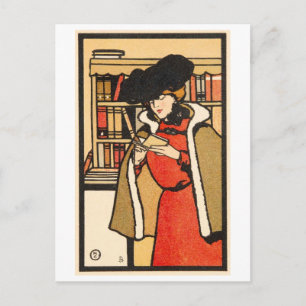 Cartão Postal Ilustração Vintage de Mulher Lendo um Livro