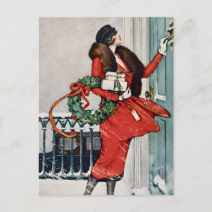 Cartão Postal Ilustração Vintage de Natal na Porta de Entrada