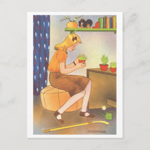 Cartão Postal Ilustração Vintage de Rapariga com Planta Vedada