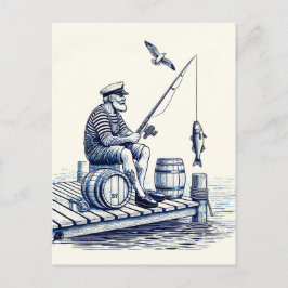 Cartão Postal Ilustração Vintage de um Marinheiro Sentado em um
