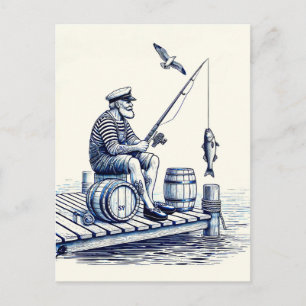 Cartão Postal Ilustração Vintage de um Marinheiro Sentado em um