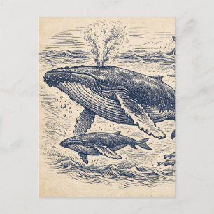 Cartão Postal Ilustração Vintage de uma Matilha de Baleias Jubar