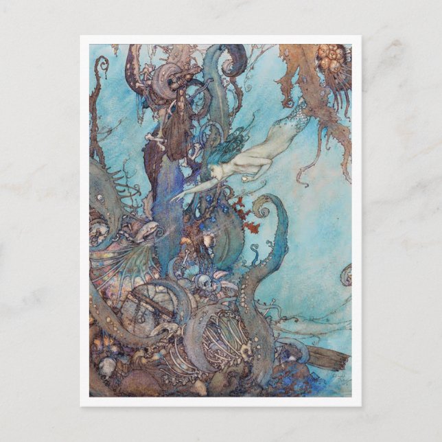 Cartão Postal Ilustração Vintage Edmund Dulac Pequena Sereia (Frente)