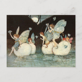 Cartão Postal Ilustração Vintage Fairies à Noite