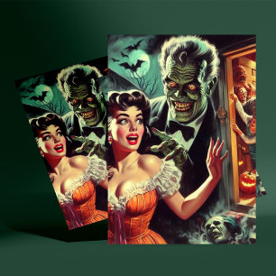 Cartão Postal Ilustração Vintage Pulp Horror Girl