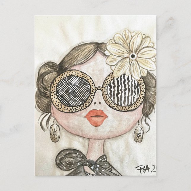 Cartão Postal ilustracion de chica fashion con gafas en acuarela (Frente)