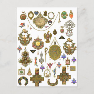Cartão Postal Ilustrações Antigas de Arte Vintage em Joias Faux