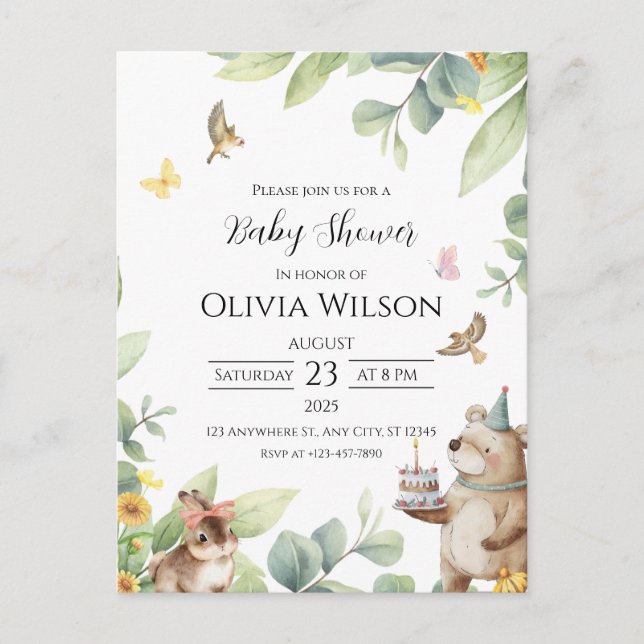 Cartão postal ilustrado de chá de bebê com pássaro (Frente)