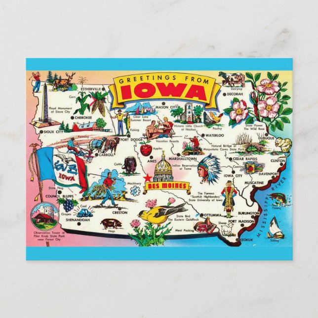 Cartão postal ilustrado do Iowa (Frente)