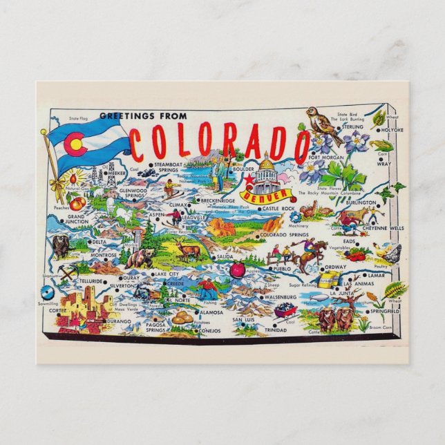 Cartão postal ilustrado do mapa do Colorado (Frente)