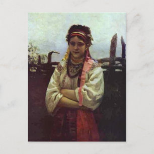 Cartão Postal Ilya Repin - Menina ucraniana perto de uma cerca