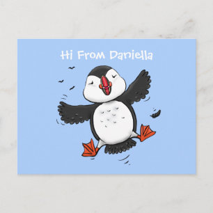 Cartão Postal Imagem azul de desenho animado de puffin voador e 