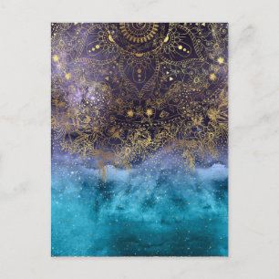 Cartão Postal Imagem de mandala floral dourada e confetes