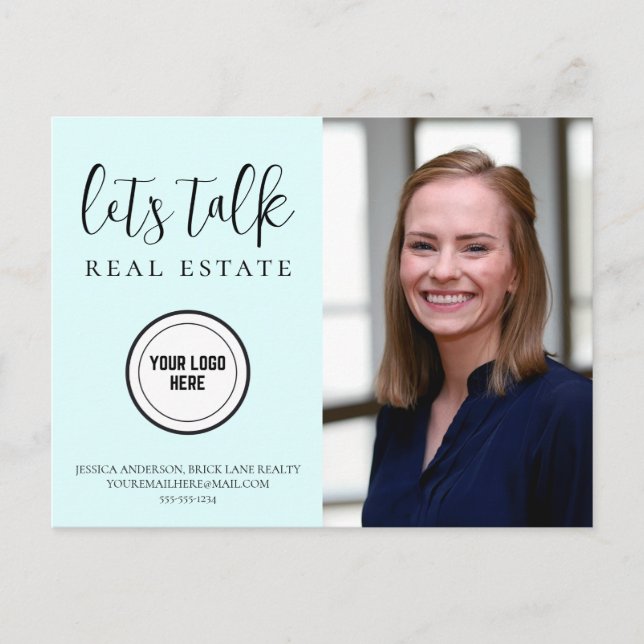Cartão Postal Imobiliária Azul da Moda Adicionar Logotipo (Frente)