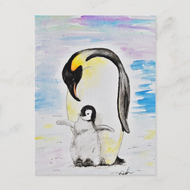 Cartão Postal Imperador Penguin e pintura de aquarela de Pintinh (Frente)
