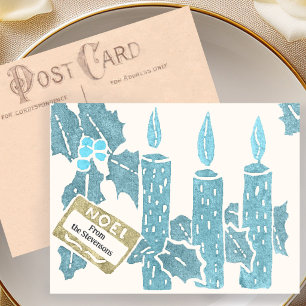 Cartão Postal Impressão de Natal Vintage em Linóleo Velas Azuis