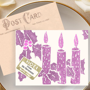 Cartão Postal Impressão de Natal Vintage em Linóleo Velas Cor-de