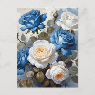 Cartão Postal Impressão floral de rosas azuis e brancas