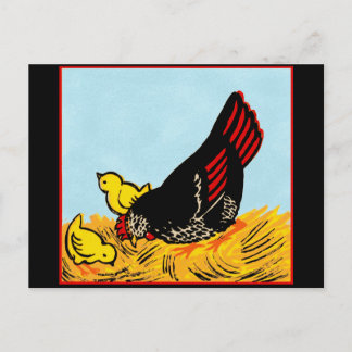 Cartão Postal Impressão Vintage de Galinha e Pintinhos