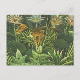 Cartão Postal Impressão Vintage de Leão na Selva Tropical de Hen