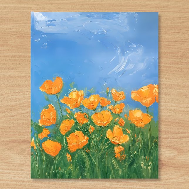 Cartão Postal Impressionante do Céu Poppy Campo da Califórnia (Beautiful bright and happy oil painting style postcard of orange poppies in a field in California. )