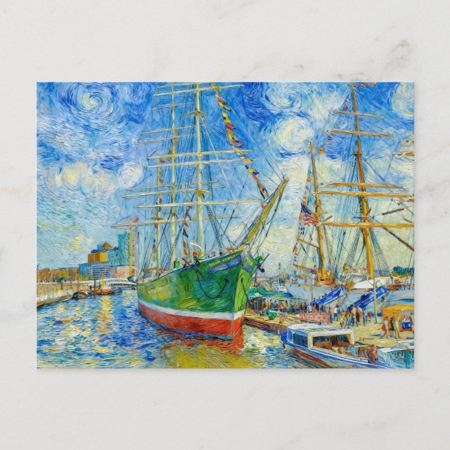 Cartão Postal Impressionist Tall Ship in Hamburg Harbor with Ref (Frente)