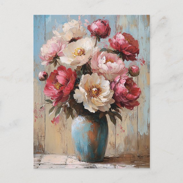 Cartão Postal Impressionista Flores Rosa Azul Vase (Frente)
