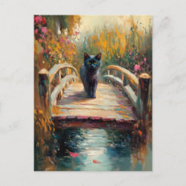 Cartão Postal Impressionista Pintura de Óleo de Gato Negro em Wo