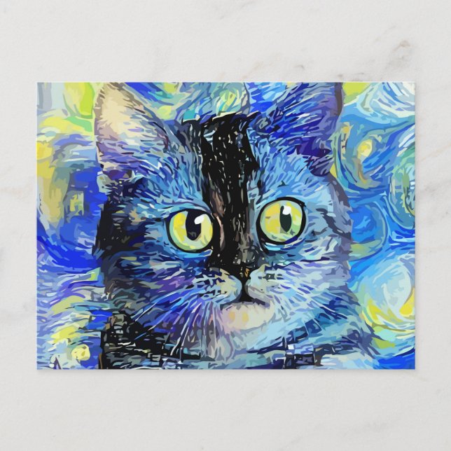 Cartão Postal Impressionista Starry Night Tabby Cat Portrait (Frente)
