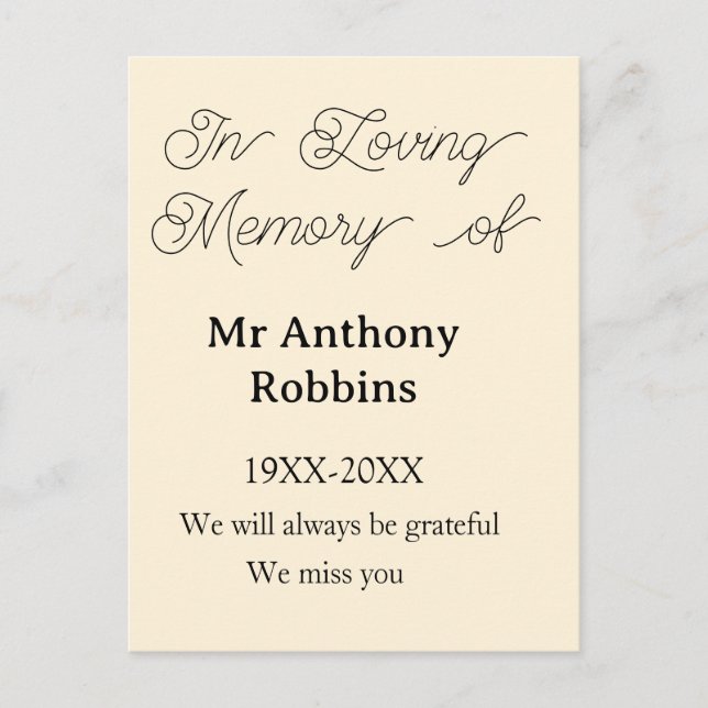 Cartão Postal In Loving memory of name funeral memory keepsake (Frente)