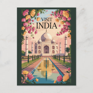 Cartão Postal Índia Taj Mahal Ilustração Viagem Arte Vintage