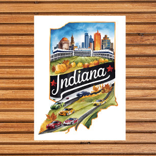 Cartão Postal Indiana EUA Estado em forma de aquarela vintage 