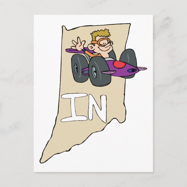 Cartão Postal Indiana IN Map com engraçada Cartoon Indy Race Car (Frente)