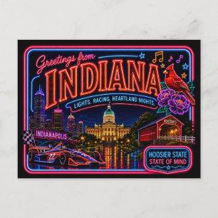 Cartão Postal Indiana Neon Estado Retro Vintage