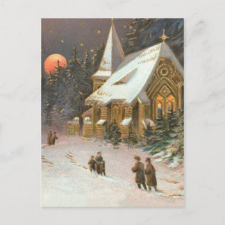 Cartão Postal Indo à Árvore da Igreja Lua Neve Estrelas