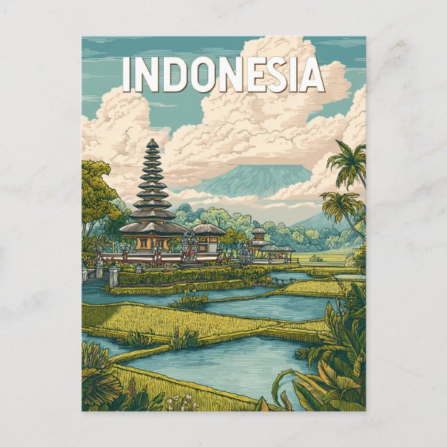Cartão Postal Indonesia Illustration Travel Art Vintage (Frente)