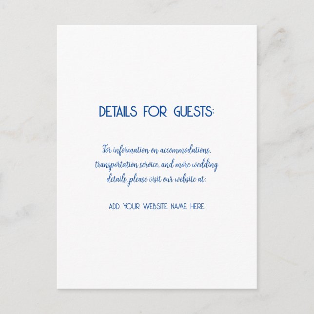 Cartão Postal Informações do Casamento Convidados Azul Branco 20 (Frente)